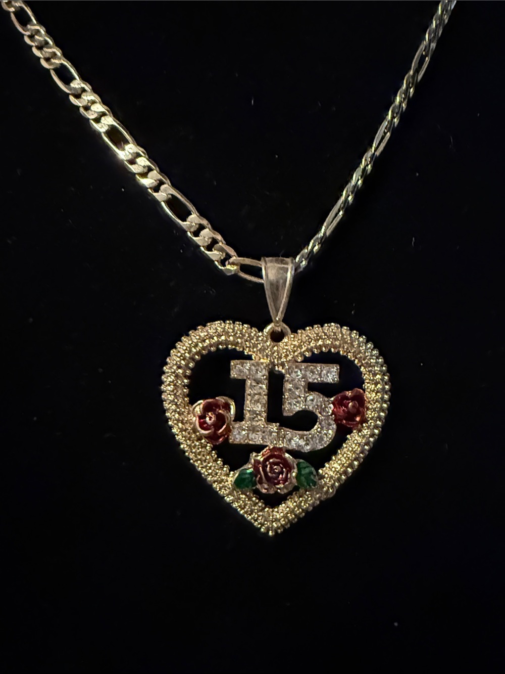 Gold-Tone Heart '15' Pendant Necklace with Rose Accents